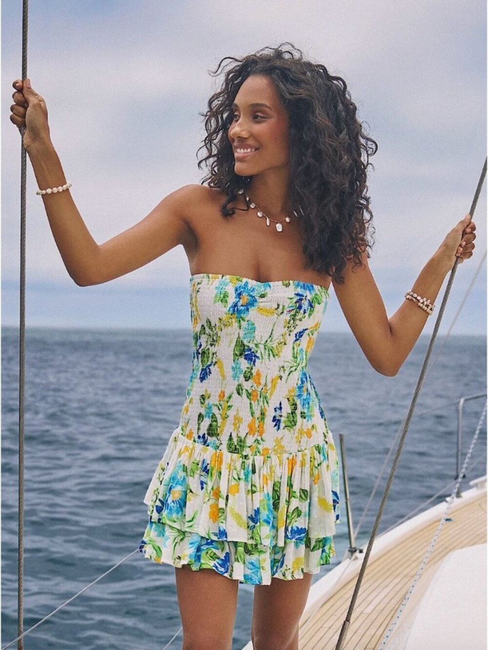 PQ Swim Marie Smocked Ruffle Mini Dress Bluebell Womens Size M/L